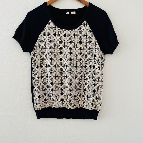 Anthropologie Moth Facade Lace Gingham Short Sleeve Sweater Top - Picture 2 of 5